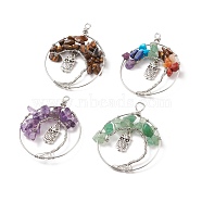 Natural & Synthetic Gemstone Pendants, with Owl Alloy Findings and Copper Jewelry Wire Wrapped, Mixed Dyed and Undyed, Flat Round with Tree of Life, Antique Silver & Platinum, 47~49x39~40x6.5~9mm, Hole: 2.5~4mm(PALLOY-JF01547)