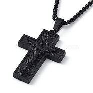 Alloy Pendant Necklace with Box Chains, Cross with Jesus Pattern, Black, 23.74 inch(60.3cm)(NJEW-G111-02EB)