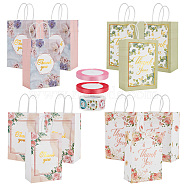 12Pcs 4 Colors Mother's Day Theme Flower Print Paper Handle Bags, with 2 Rolls Polyester Ribbon and Round Dot Roll Stickers, Mixed Color, Bag: 14.8~15x8x21cm, 3pcs/color(CARB-DR0001-01)