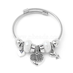 European Style Stainless Steel & Alloy Charm Bangles for Women, with Plastic Beads, Heart with Tree, White, Inner Diameter: 2-1/8 inch(5.5cm)(PW-WG243C0-03)