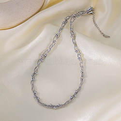 304 Stainless Steel 3 Layer Crossed Round Snake Chain Round Beads Chain Necklaces for Women, Stainless Steel Color, 15.75 inch(40cm)(FS-WG400CC-02)