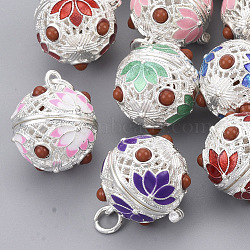Rack Plating Brass Cage Pendants, For Chime Ball Pendant Necklaces Making, with Enamel and Iron Jump Rings, Hollow Round with Flower, Mixed Color, Silver Color Plated, 22x18x20.5mm, Hole: 4mm, inner measure: 15.5mm(KK-T053-01S)