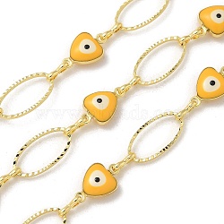 Rack Plating Brass Enamel Link Chains, Long-Lasting Plated, Unwelded, Real 18K Gold Plated, Oval & Heart & Evil Eye, Yellow, 11~13.5x7x1~4mm(CHC-P012-09G-02)