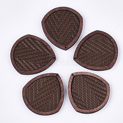 Environmental Cowhide Leather Pendants, with Dyed Wood, Imitation Woven Rattan Pattern, Teardrop, SaddleBrown, 41x37.5x4mm, Hole: 1.2mm(FIND-S301-32B-01)