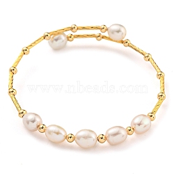 Brass & Natural Freshwater Pearl Beads Open Cuff Bangles for Women, Golden, White, Inner Diameter: 1-7/8 inch(4.8cm)(BJEW-F470-03G-01)