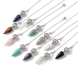 Mixed Gemstone Dowsing Pendulum Big Pendants, with Rack Plating Platinum Tone Brass Findings, Cadmium Free & Lead Free, Cone, 244x2.5mm, Hole: 1.6mm(G-H281-42P)