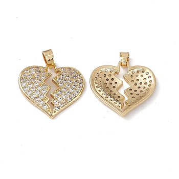 Brass Clear Cubic Zirconia Pendants, Broken Heart Charms, Real 18K Gold Plated, 20x20x3mm, Hole: 5.5x2.5mm