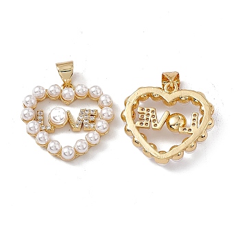 Brass Micro Pave Cubic Zirconia Pendants, with ABS Imitation Pearl, Heart with Word LOVE Charm for Valentine's Day, Real 18K Gold Plated, 19.5x21x5mm, Hole: 5x3.5mm