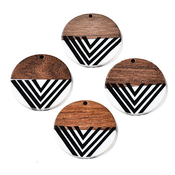 Resin & Walnut Wood Pendants, Flat Round with Stripe, Black, 35x2~3mm, Hole: 2mm