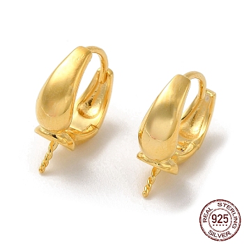 925 Sterling Silver Hoop Earring Findings, for Half Drilled Beads, Real 18K Gold Plated, 19 Gauge, 14x10.5x4mm, Pin: 0.9mm