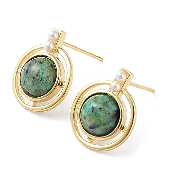 Dyed Synthetic Turquoise Half Round Dangle Stud Earrings, Real 18K Gold Plated Brass Earrings, Cadmium Free & Lead Free, Green, 16x13mm