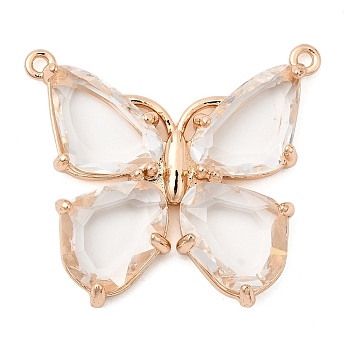 Brass Glass Pendants, Butterfly, Faceted, Golden, Clear, 28x31x5mm, Hole: 1.5mm