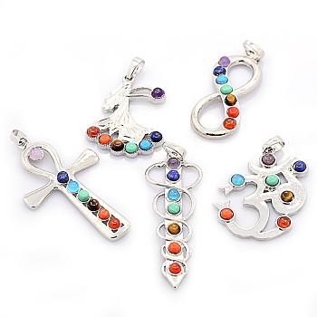 Vintage Chakra Jewelry Brass Natural & Synthetic Mixed Stone Pendants, Mixed Style, Platinum, 37~70x18~34x4~5mm, Hole: 5x8mm
