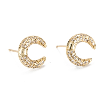 Moon Sparkling Cubic Zirconia Stud Earrings for Girl Women, Lead Free & Nickel Free & Cadmium Free, Brass Micro Pave Cubic Zirconia Earrings, Real 18K Gold Plated, 11x10mm, Pin: 0.6mm