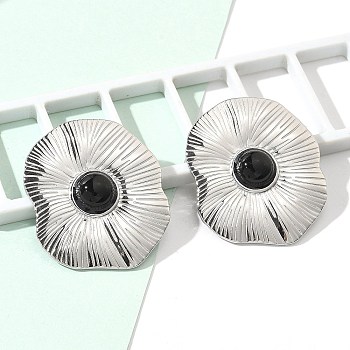 Natural Obsidian Stud Earrings, with 304 Stainless Steel for Women, Oval, Platinum, 34.5x29.5mm