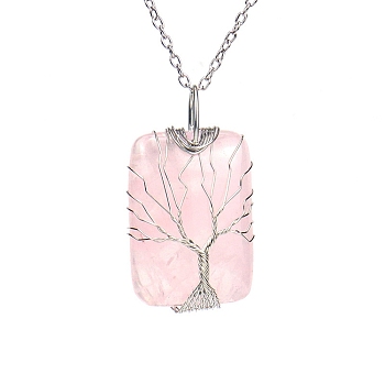 Natural Rose Quartz Pendant Necklace with Brass Cable Chains, Rectangle with Tree, 20.47 inch(52cm)