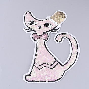 Computerized Embroidery Cloth Iron on/Sew on Patches, with Paillette/Sequins, Appliques, Costume Accessories, Cat, Colorful, 164x121x1.5mm