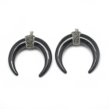 Resin Pendants, with Rhinestone and Brass Findings, Double Horn/Crescent Moon, Platinum, Black, 36x34x13mm, Hole: 6x4mm