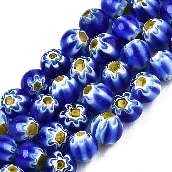Round Millefiori Glass Beads Strands, Royal Blue, 6mm, Hole: 1mm, about 67pcs/strand, 14.7 inch