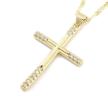 Brass Micro Pave Clear Cubic Zirconia Pendant Necklaces, Cross, Real 18K Gold Plated, 17.76 inch(451mm)