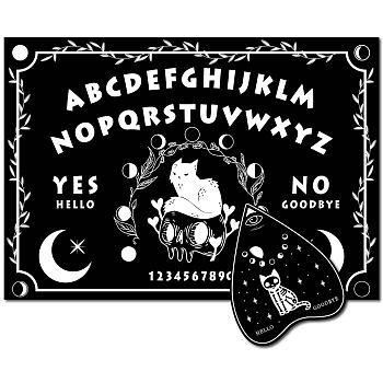 Pendulum Dowsing Divination Board Set, Wooden Spirit Board Black Talking Board Game for Spirit Hunt Birthday Party Supplies with Planchette, Cat Shape, 300x210x5mm, 2pcs/set