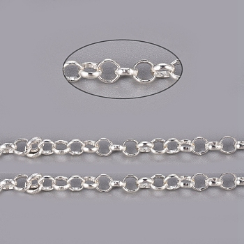 Brass Rolo Chains, Belcher Chains, Soldered, with Spool, Cadmium Free & Lead Free, Silver Color Plated, 4x1.2mm, about 92m/roll