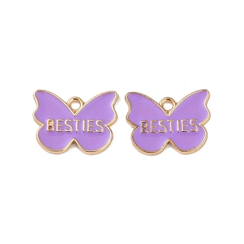 Alloy Enamel Pendants, Cadmium Free & Lead Free, Golden, Butterfly with Word Besties Charm, Medium Purple, 15.5x20x1.5mm, Hole: 2mm