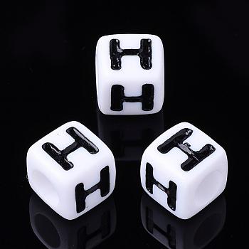 Letter Acrylic Beads, Cube, White, Letter H, Size: about 7mm wide, 7mm long, 7mm high, hole: 3.5mm, about 2000pcs/500g