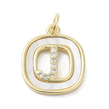 Rack Plating Brass Micro Pave Clear Cubic Zirconia Pendants, with Shell, Cadmium Free & Lead Free, Long-Lasting Plated, Real 18K Gold Plated, with Jump Ring, Letter J, 17.5x15x2.5mm, Hole: 3mm