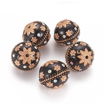 Handmade Indonesia Beads, with Rhinestones and Alloy Cores, Round, Light Gold, Black, 25mm, Hole: 2mm