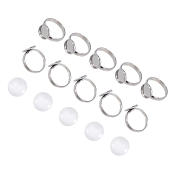 DIY Ring Making Kits, with Adjustable 304 Stainless Steel Finger Rings Components, Transparent Glass Cabochons and Box Container, Flat Round, Stainless Steel Color, 8.2x8.2x2.7cm, 60pcs/box