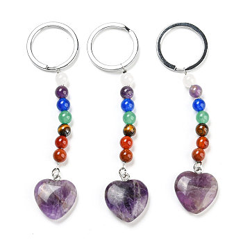 Natural Amethyst Heart Pendant Keychain, with 7 Chakra Gemstone Beads and Platinum Tone Brass Findings, 10cm