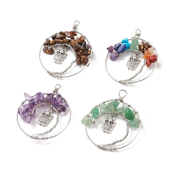 Natural & Synthetic Gemstone Pendants, with Owl Alloy Findings and Copper Jewelry Wire Wrapped, Mixed Dyed and Undyed, Flat Round with Tree of Life, Antique Silver & Platinum, 47~49x39~40x6.5~9mm, Hole: 2.5~4mm