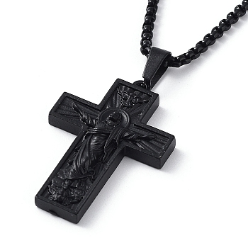 Alloy Pendant Necklace with Box Chains, Cross with Jesus Pattern, Black, 23.74 inch(60.3cm)
