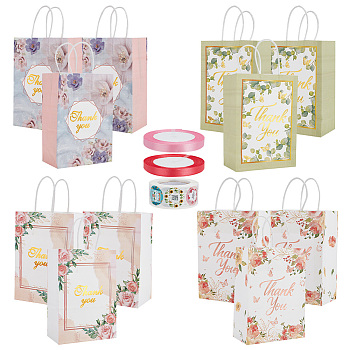 12Pcs 4 Colors Mother's Day Theme Flower Print Paper Handle Bags, with 2 Rolls Polyester Ribbon and Round Dot Roll Stickers, Mixed Color, Bag: 14.8~15x8x21cm, 3pcs/color