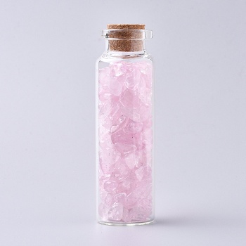 Glass Wishing Bottle, For Pendant Decoration, with Rose Quartz Chip Beads Inside and Cork Stopper, 22x71mm