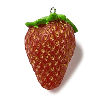 Opaque Resin Fruit Pendants, Strawberry Charms with Platinum Plated Iron Loops, FireBrick, 39x25.5x24mm, Hole: 2mm