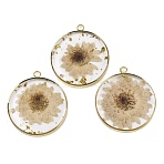Transparent Clear Epoxy Resin Pendants, Flat Round Charms with Inner Flower Charm, with Edge Golden Plated Brass Loops and Gold Foil, White, 34x30x4mm, Hole: 2.5mm(RESI-XCP0002-33)