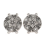 Tibetan Style Alloy Multi-Strand Links, 4-Loop, Flat Round with Flower, Antique Silver, 36x31x6mm, Hole: 2mm, about 172pcs/1000g(FIND-C094-15AS)