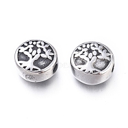 304 Stainless Steel Beads, Flat Round with Tree of Life, Antique Silver, 10x5.5mm, Hole: 1.8mm(STAS-M274-077AS)