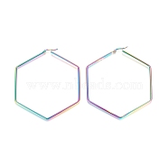 304 Stainless Steel Geometric Angular Hoop Earrings, Hypoallergenic Earrings, Hexagon, Rainbow Color, 12 Gauge, 79x69x2mm, Pin: 1x0.6mm(STAS-D171-08M)