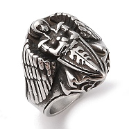 Viking 304 Stainless Steel Angel Cross Sword Wide Finger Rings for Mens, Antique Silver, 23mm, US Size 10(19.8mm)(RJEW-U005-03AS)