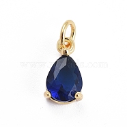 Brass Micro Pave Cubic Zirconia Pendants, with Jump Ring, Teardrop, Rose Gold, Blue, 11.5x6.5x4mm, Hole: 3mm(ZIRC-E164-64G-B)