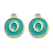 Golden Plated Alloy Enamel Charms, Enamelled Sequins, Flat Round with Alphabet, Letter.O, Green, 14x12x2mm, Hole: 1.5mm(ENAM-Q437-15O)