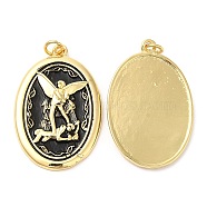 Rack Plating Brass Pendants, Long-Lasting Plated, Cadmium Free & Lead Free, with Jump Rings, Oval with Religion Pattern Charms, Real 18K Gold Plated, 31x20.5x3mm, Hole: 3mm(KK-Q775-28AG)