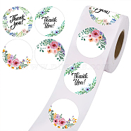 Thank You Sticker, Coated Paper Adhesive Stickers, Flat Round with Word, Flower Pattern, 4x4cm, 500pcs/roll(DIY-WH0270-004)