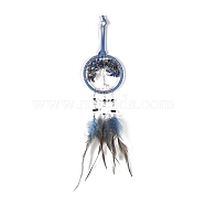 Iron & Natural Blue Spot Jasper Woven Web/Net with Feather Pendant Decorations, Flat Round with Tree, 75mm(PW-WG44935-02)
