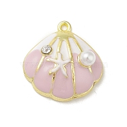 Rack Plating Alloy Enamel Pendants, with Rhinestone and ABS Plastic Imitation Pearls, Shell Charms, Light Gold, 21x20x7.5mm, Hole: 1.4mm(PALLOY-M199-22G)