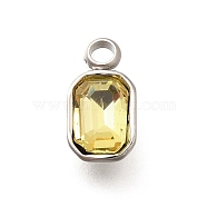 304 Stainless Steel Pendants, with Rhinestone, Stainless Steel Color, Rectangle, Light Topaz, 10.5x5.5x3.5mm, Hole: 1.8mm(STAS-Q346-03P-07)