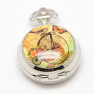 Openable Flat Round Alloy Bike Printed Porcelain Quartz Watch Heads for Pocket Watch Necklaces Making, Platinum, 40x29.5x15mm(WACH-M111-07)